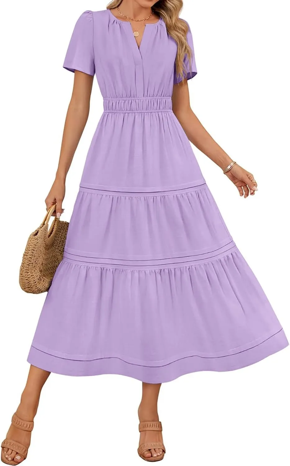 JOAU Women's 2025 Summer Boho Maxi Dress Notched V Neck Short Sleeve Flowy A Line Tiered Ruffle Beach Vacation Long Dresses