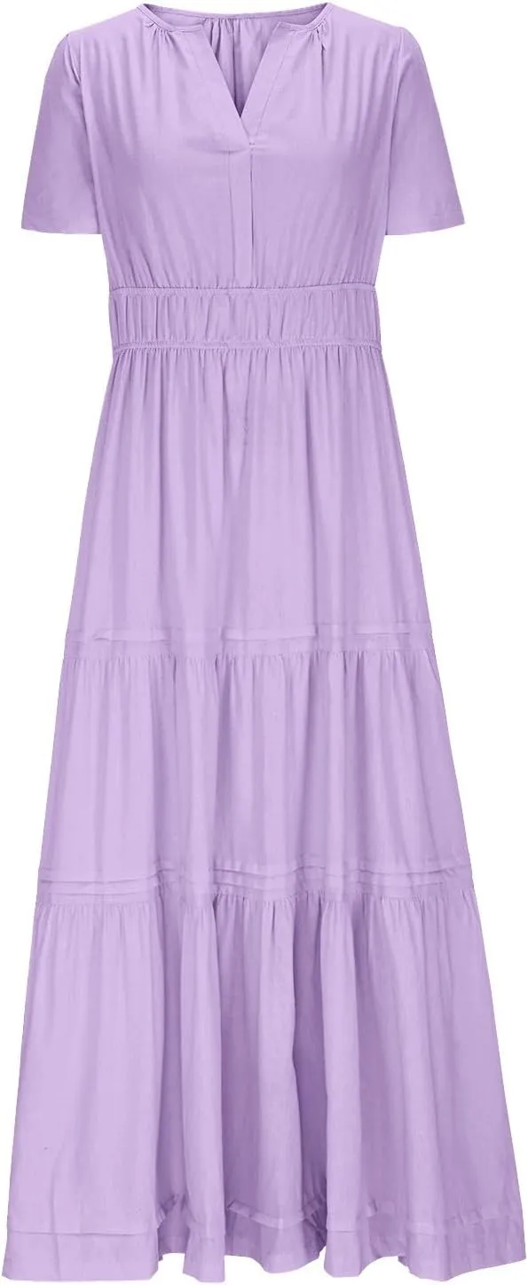 JOAU Women's 2025 Summer Boho Maxi Dress Notched V Neck Short Sleeve Flowy A Line Tiered Ruffle Beach Vacation Long Dresses