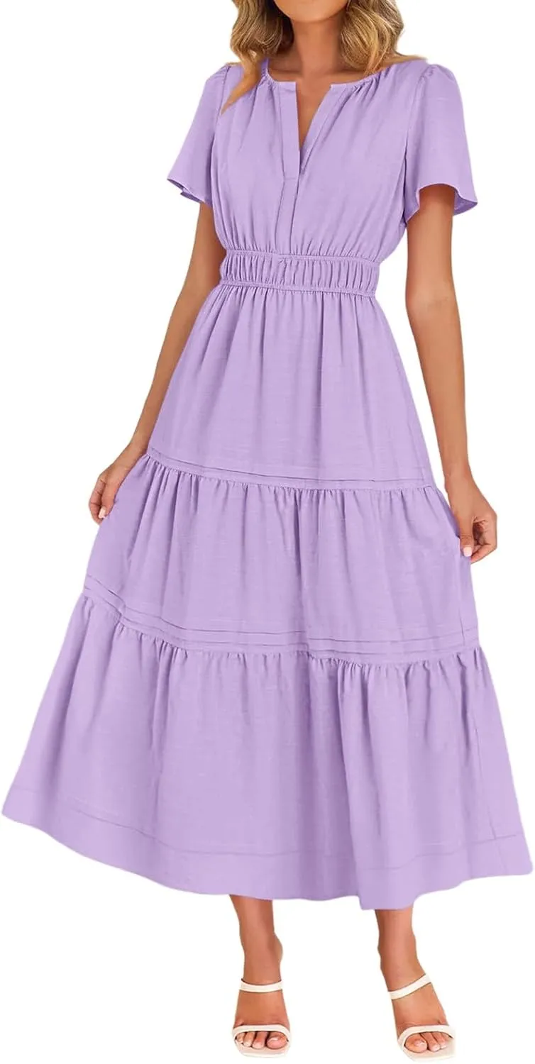 JOAU Women's 2025 Summer Boho Maxi Dress Notched V Neck Short Sleeve Flowy A Line Tiered Ruffle Beach Vacation Long Dresses