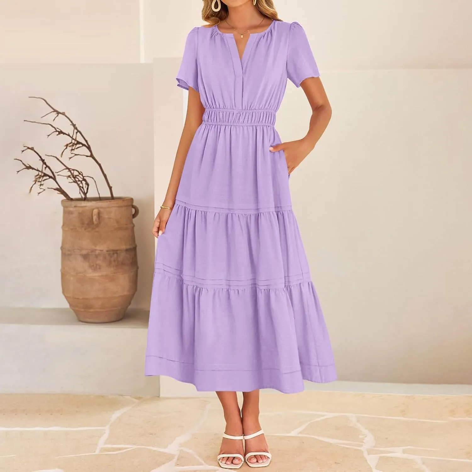 JOAU Women's 2025 Summer Boho Maxi Dress Notched V Neck Short Sleeve Flowy A Line Tiered Ruffle Beach Vacation Long Dresses