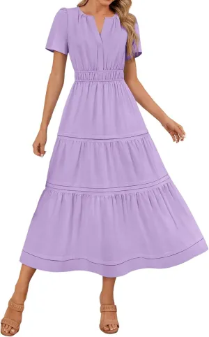 JOAU Women's 2025 Summer Boho Maxi Dress Notched V Neck Short Sleeve Flowy A Line Tiered Ruffle Beach Vacation Long Dresses