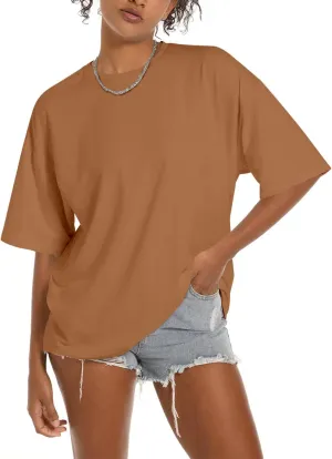 JUNING Women's T Shirts Oversized Short Sleeve Round Neck Casual Soft Tops Basic Tee Shirt