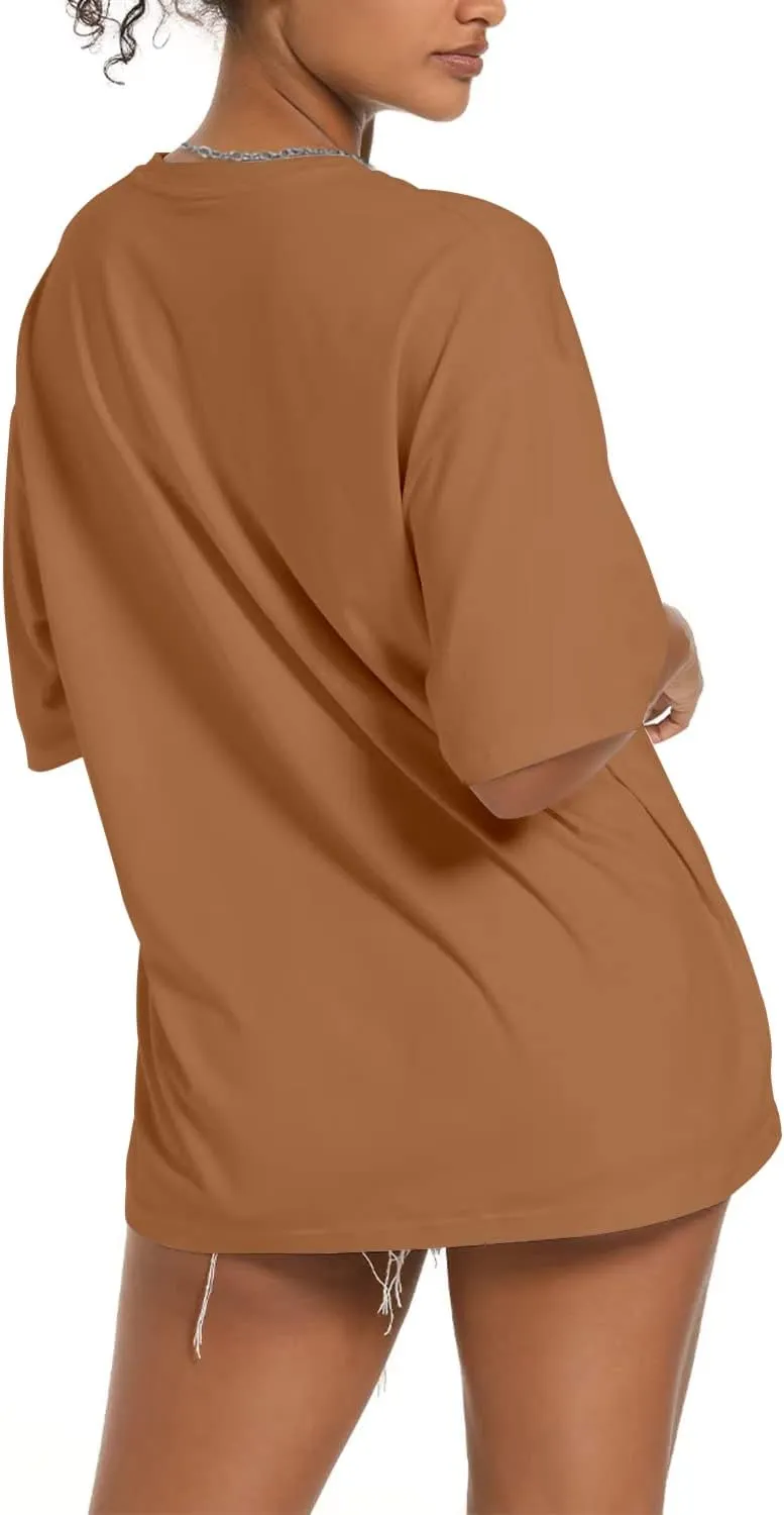 JUNING Women's T Shirts Oversized Short Sleeve Round Neck Casual Soft Tops Basic Tee Shirt
