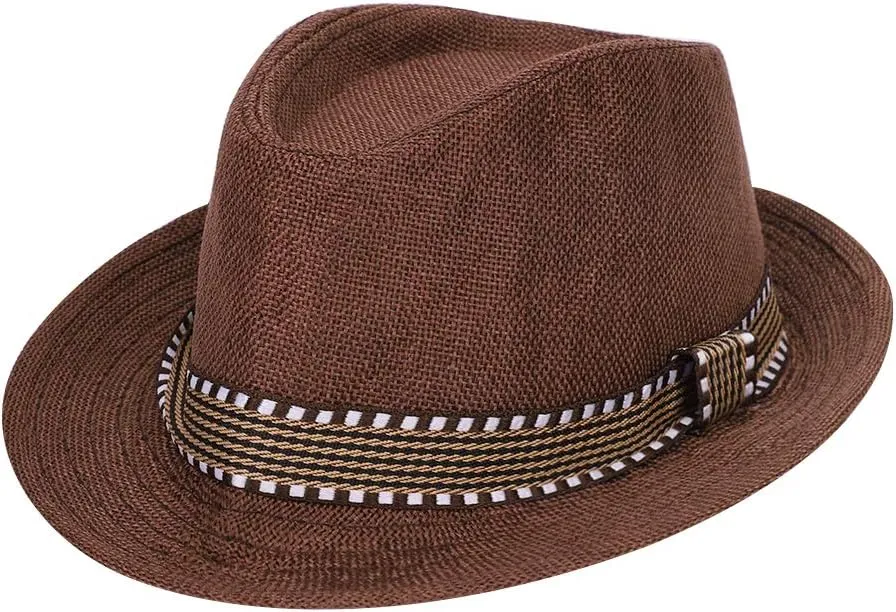 Kids Jazz Hat Panama Style Trilby Fedora Straw Sun Hat Short Brim Summer Sun Beach Cap for Boys Girls 5-10 Years