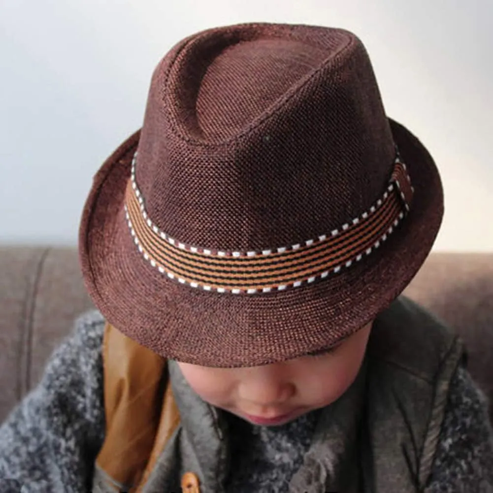 Kids Jazz Hat Panama Style Trilby Fedora Straw Sun Hat Short Brim Summer Sun Beach Cap for Boys Girls 5-10 Years
