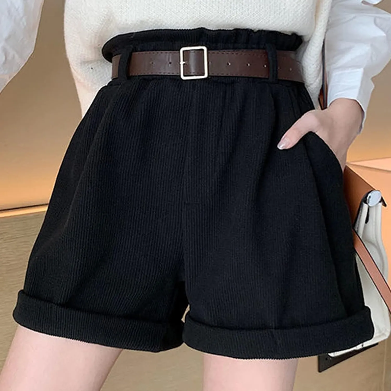Kingspinner Women High Waisted Corduroy Shorts Casual Wide Leg Rolled Hem Shorts with Pocket Elastic Plus Size Bermuda Shorts