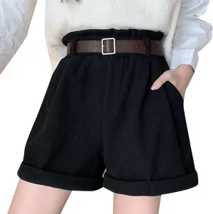 Kingspinner Women High Waisted Corduroy Shorts Casual Wide Leg Rolled Hem Shorts with Pocket Elastic Plus Size Bermuda Shorts