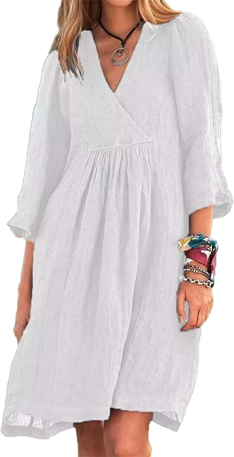 Kubbon Linen Dresses for Women Casual 3/4 Sleeve Midi Dress Wrap V Neck High Waisted Flowy Dresses Vacation Outfits