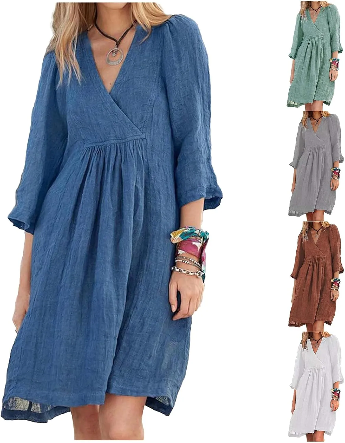 Kubbon Linen Dresses for Women Casual 3/4 Sleeve Midi Dress Wrap V Neck High Waisted Flowy Dresses Vacation Outfits