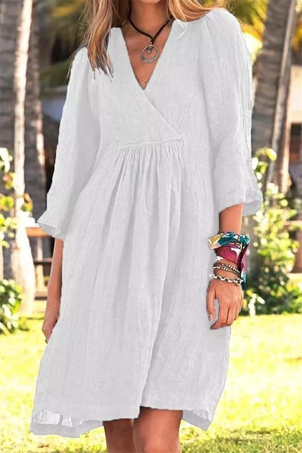 Kubbon Linen Dresses for Women Casual 3/4 Sleeve Midi Dress Wrap V Neck High Waisted Flowy Dresses Vacation Outfits