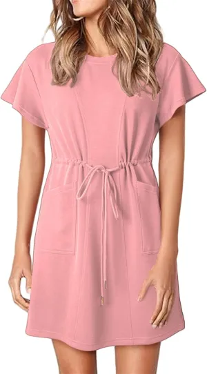 Kubbon Summer Dress for Women Round Neck Ruffle Short Sleeve Mini Dresses Swing A Line Dress Drawstring Waisted Short Dresses