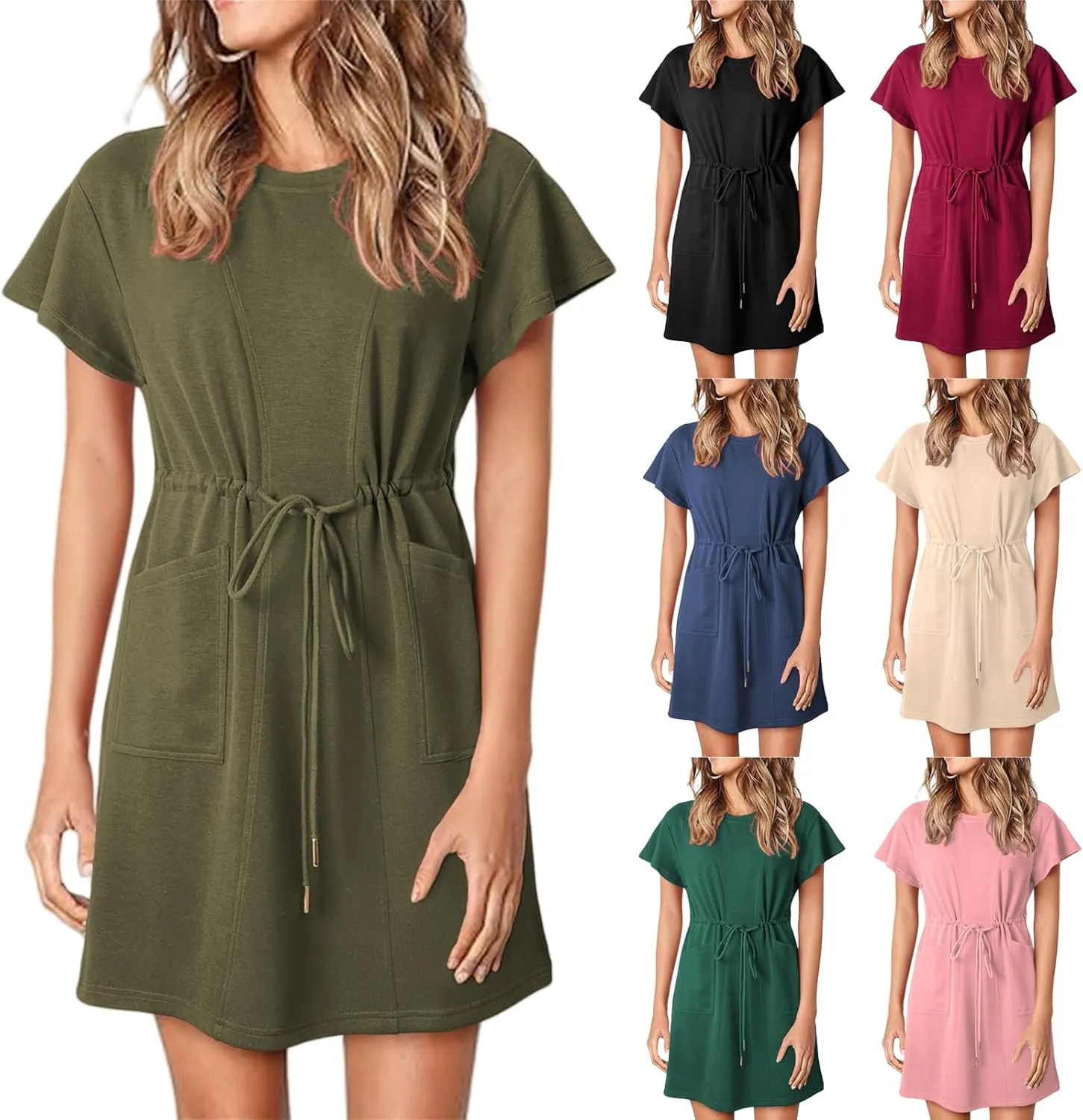 Kubbon Summer Dress for Women Round Neck Ruffle Short Sleeve Mini Dresses Swing A Line Dress Drawstring Waisted Short Dresses