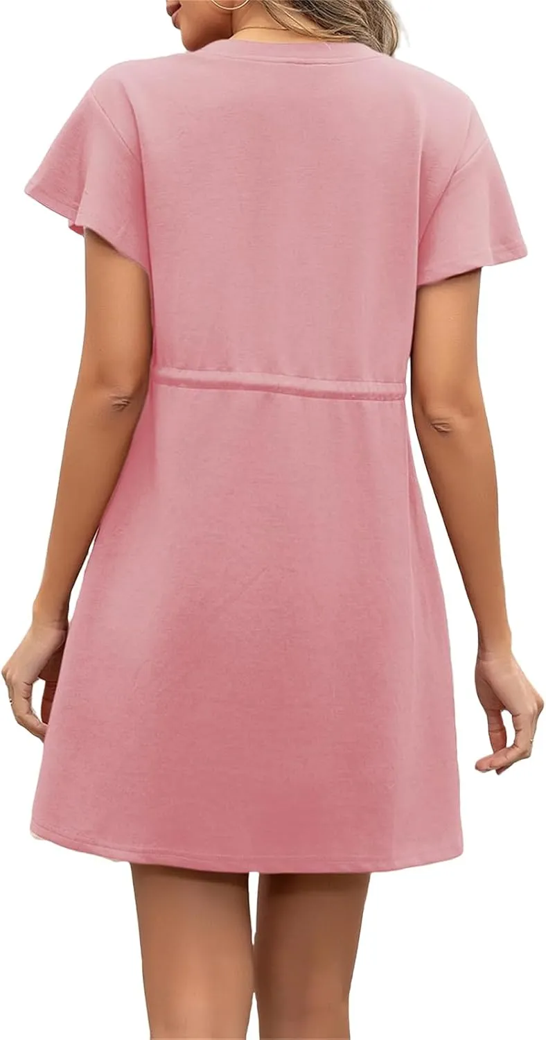 Kubbon Summer Dress for Women Round Neck Ruffle Short Sleeve Mini Dresses Swing A Line Dress Drawstring Waisted Short Dresses