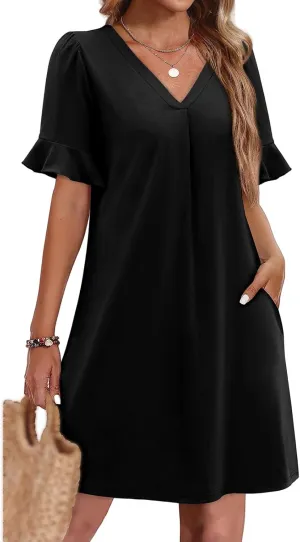 Kubbon Summer Dresses for Women Casual Shift Dress Ruffle Short Sleeve V-Neck Mini Dresses Loose Fit Beach Dress with Pocket