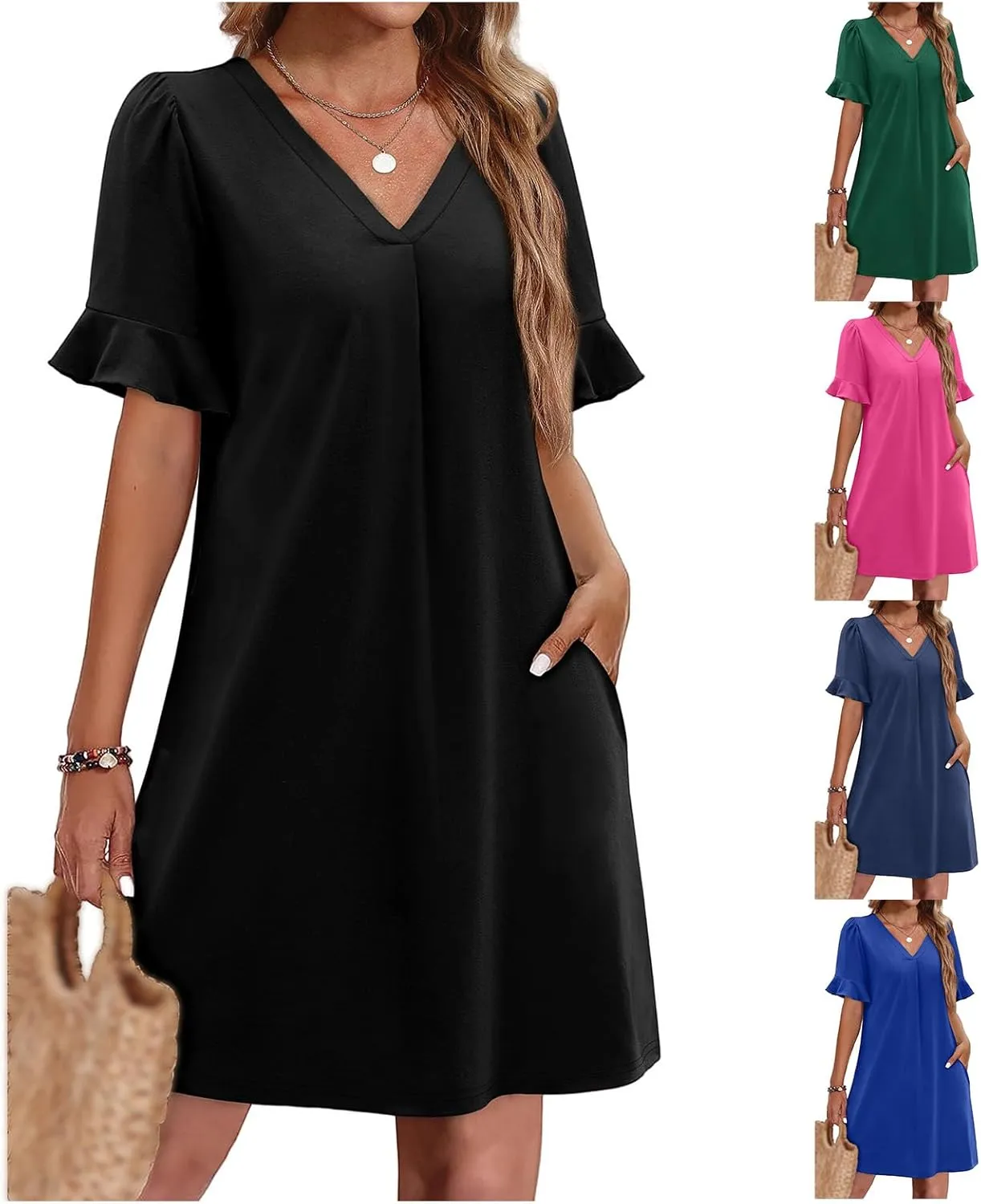 Kubbon Summer Dresses for Women Casual Shift Dress Ruffle Short Sleeve V-Neck Mini Dresses Loose Fit Beach Dress with Pocket
