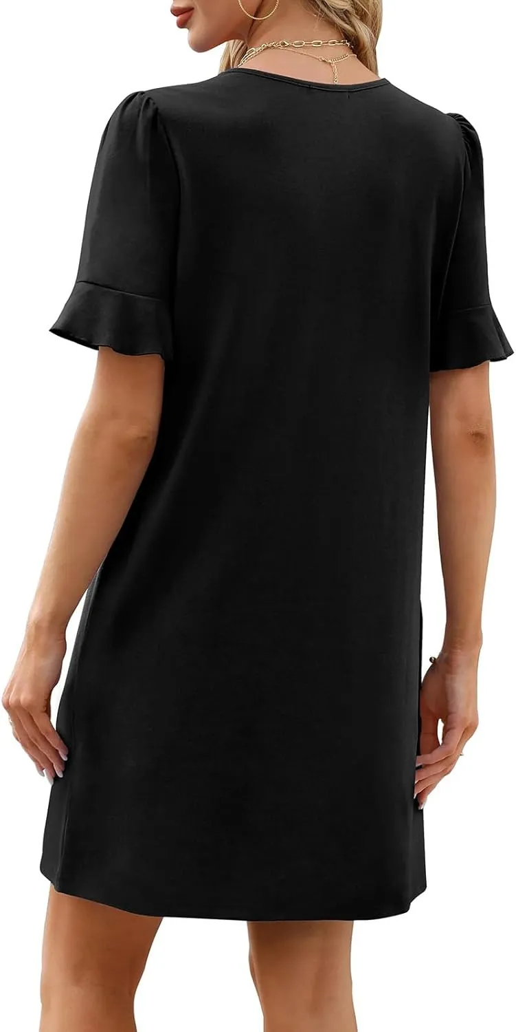 Kubbon Summer Dresses for Women Casual Shift Dress Ruffle Short Sleeve V-Neck Mini Dresses Loose Fit Beach Dress with Pocket
