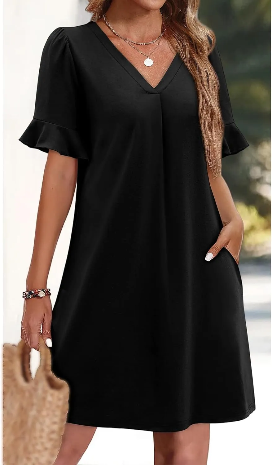 Kubbon Summer Dresses for Women Casual Shift Dress Ruffle Short Sleeve V-Neck Mini Dresses Loose Fit Beach Dress with Pocket