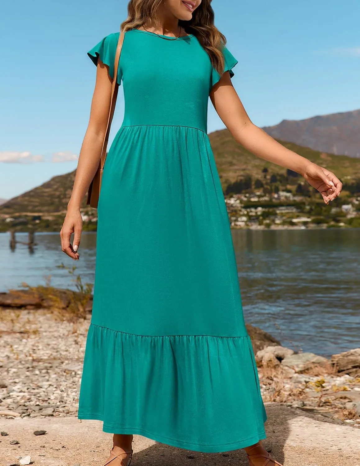 Kubbon Women's Summer Casual Dresses Casual Flutter Sleeve Maxi Dress Crewneck A Line Flowy Long Dresses Trendy Outfits