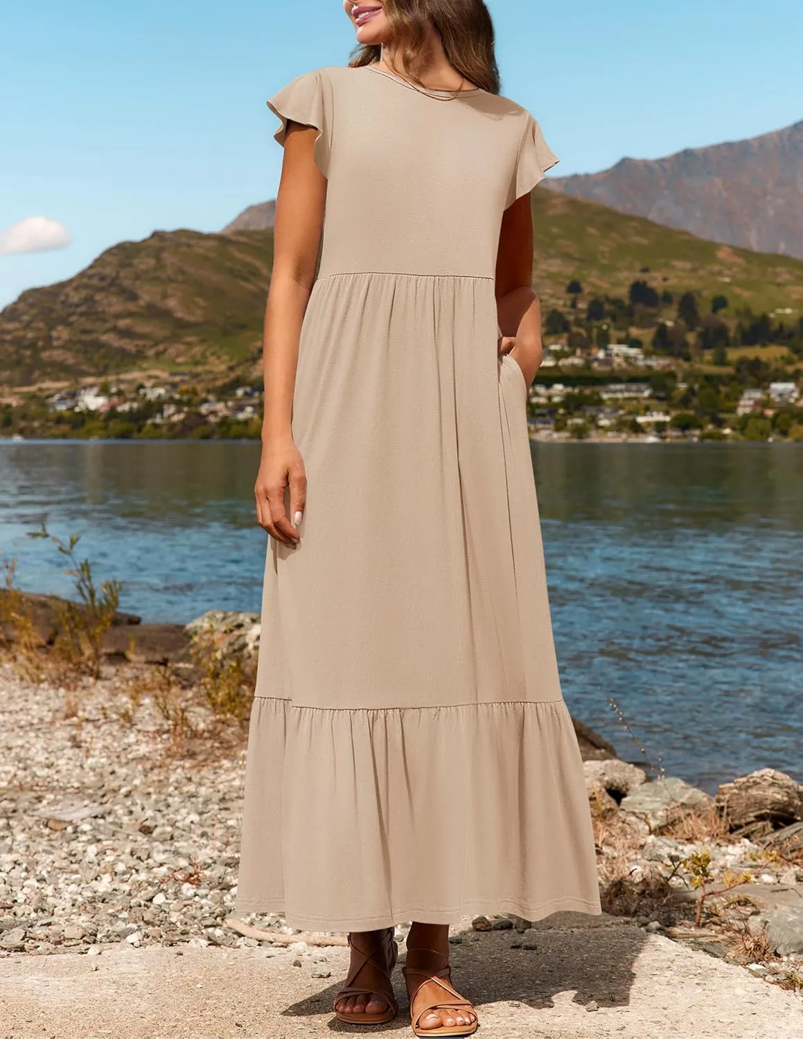Kubbon Women's Summer Casual Dresses Casual Flutter Sleeve Maxi Dress Crewneck A Line Flowy Long Dresses Trendy Outfits