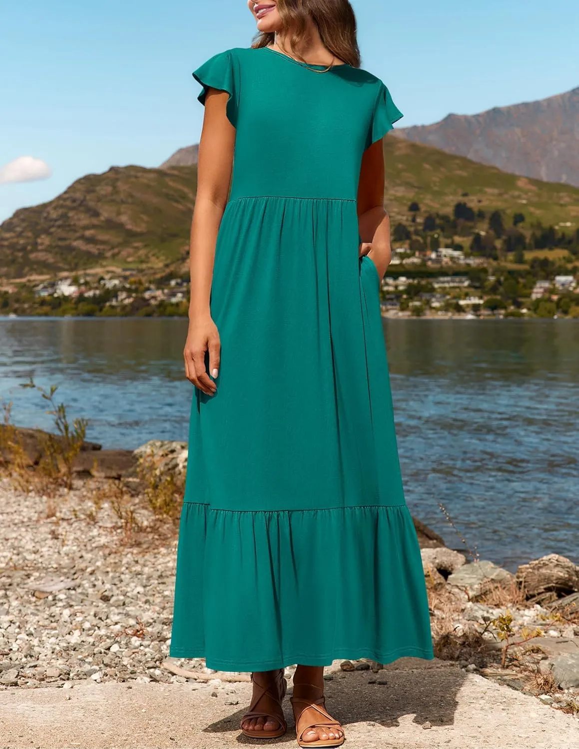 Kubbon Women's Summer Casual Dresses Casual Flutter Sleeve Maxi Dress Crewneck A Line Flowy Long Dresses Trendy Outfits