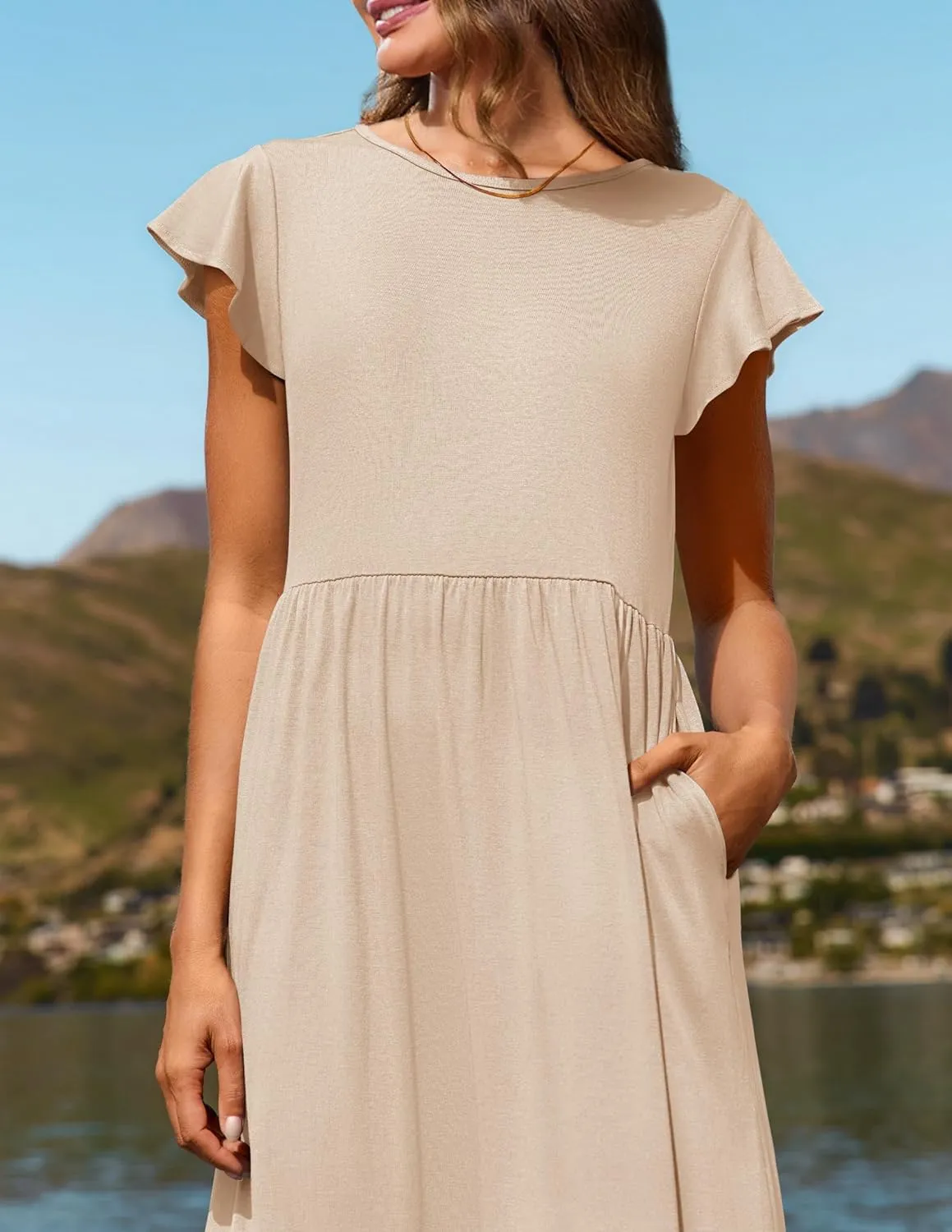Kubbon Women's Summer Casual Dresses Casual Flutter Sleeve Maxi Dress Crewneck A Line Flowy Long Dresses Trendy Outfits