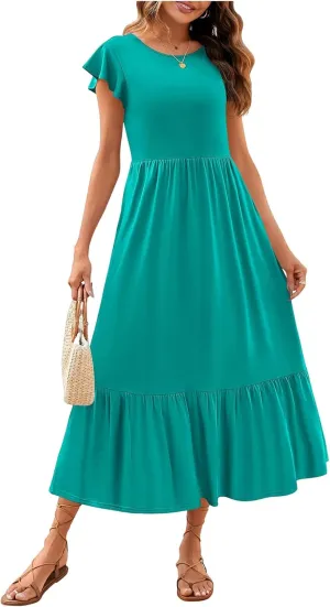 Kubbon Women's Summer Casual Dresses Casual Flutter Sleeve Maxi Dress Crewneck A Line Flowy Long Dresses Trendy Outfits