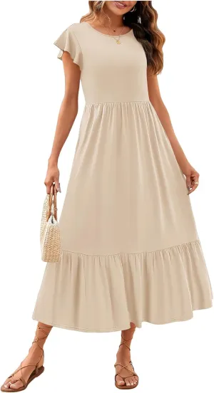 Kubbon Women's Summer Casual Dresses Casual Flutter Sleeve Maxi Dress Crewneck A Line Flowy Long Dresses Trendy Outfits