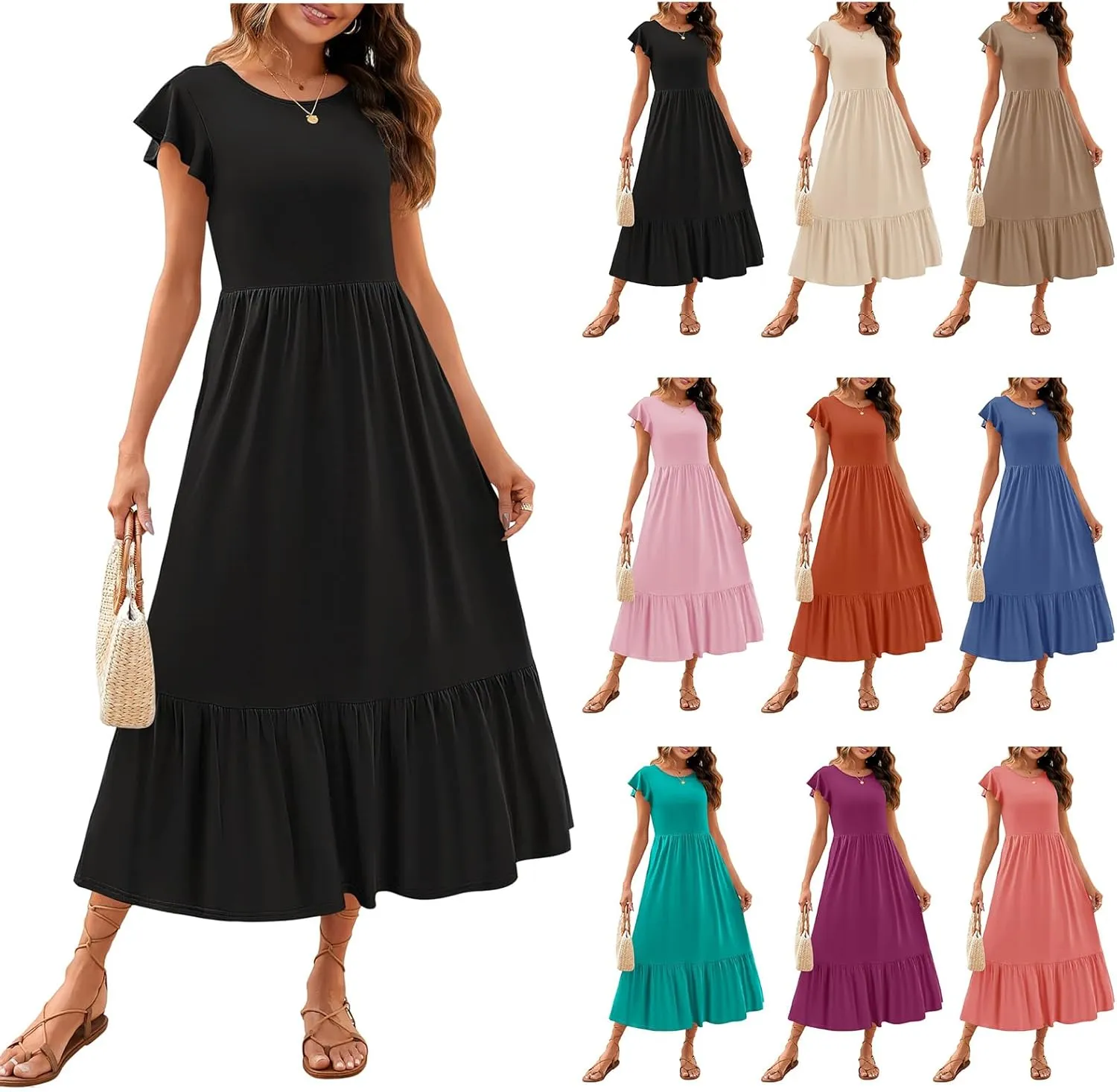 Kubbon Women's Summer Casual Dresses Casual Flutter Sleeve Maxi Dress Crewneck A Line Flowy Long Dresses Trendy Outfits