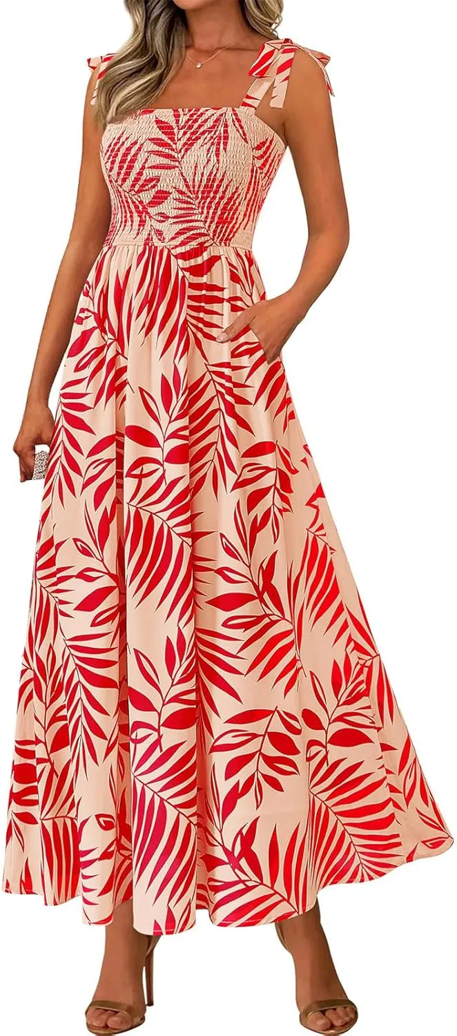 Kubbon Women's Summer Floral Dress Sleeveless Smocked Maxi Dress Boho Spaghetti Strap Square Neck Ruffle Flowy Long Dresses