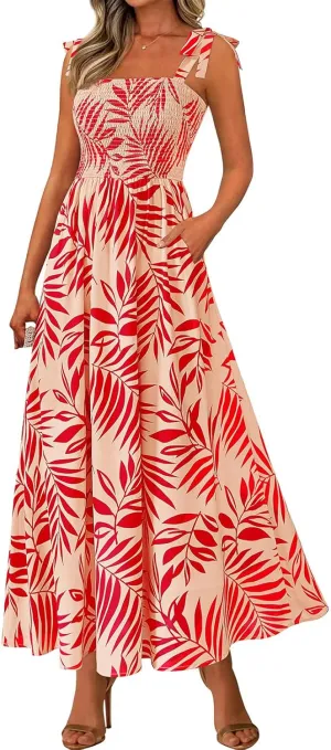 Kubbon Women's Summer Floral Dress Sleeveless Smocked Maxi Dress Boho Spaghetti Strap Square Neck Ruffle Flowy Long Dresses
