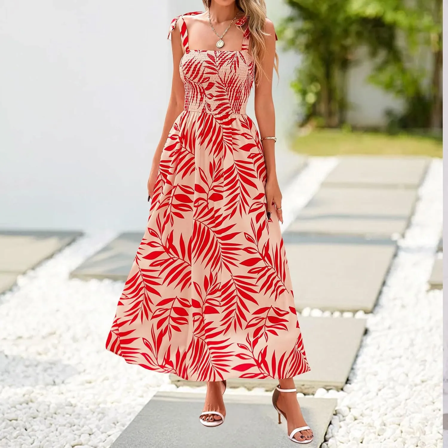 Kubbon Women's Summer Floral Dress Sleeveless Smocked Maxi Dress Boho Spaghetti Strap Square Neck Ruffle Flowy Long Dresses
