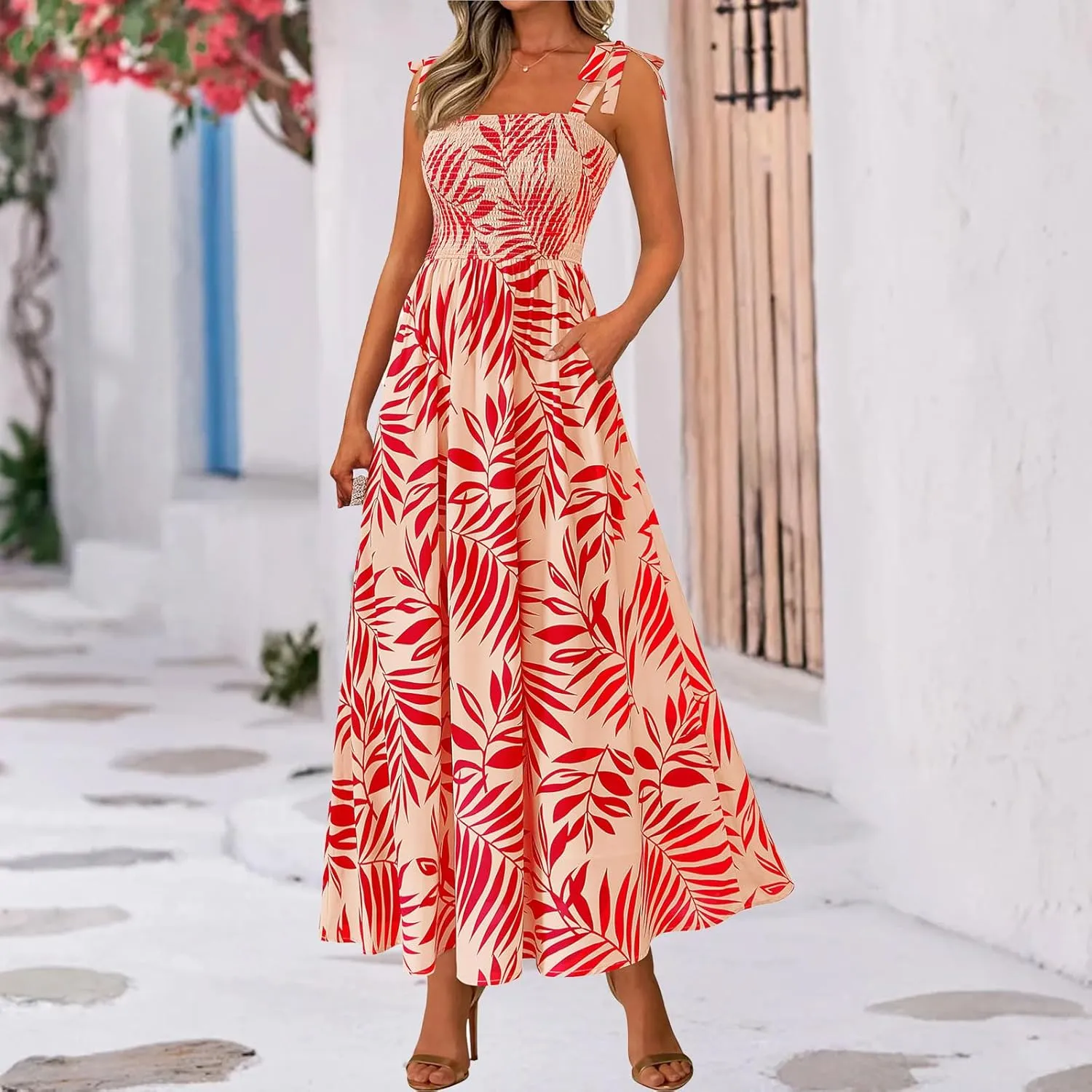Kubbon Women's Summer Floral Dress Sleeveless Smocked Maxi Dress Boho Spaghetti Strap Square Neck Ruffle Flowy Long Dresses