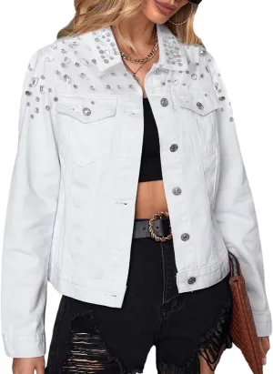 LifeShe Women's Rhinestone Denim Jacket Casual Long Sleeve Jeans Trucker Jacket Coat