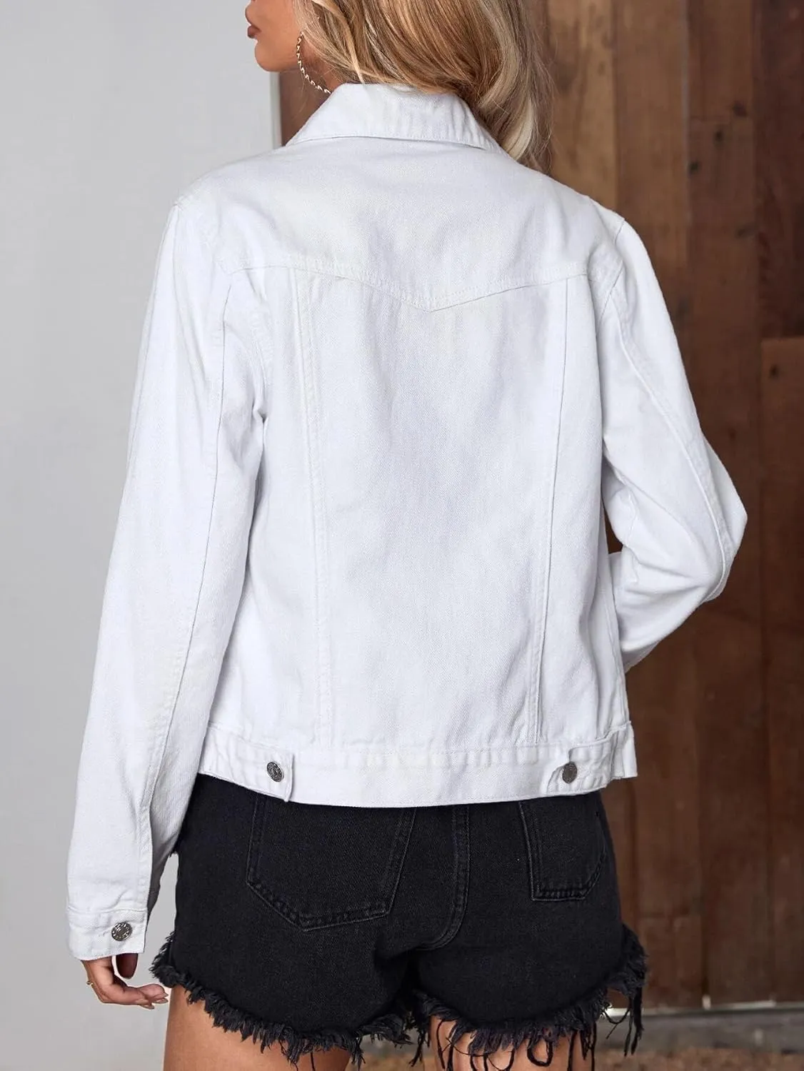 LifeShe Women's Rhinestone Denim Jacket Casual Long Sleeve Jeans Trucker Jacket Coat