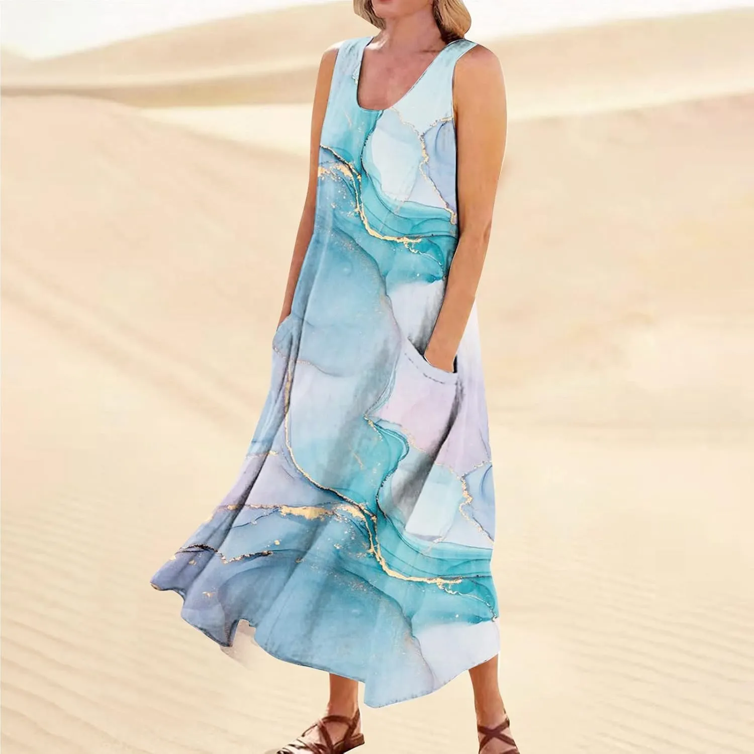 Linen Dress for Women 2024 Summer Printed Sleeveless Maxi Dress Casual Tank Dress Flowy Long Dresses with Pockets