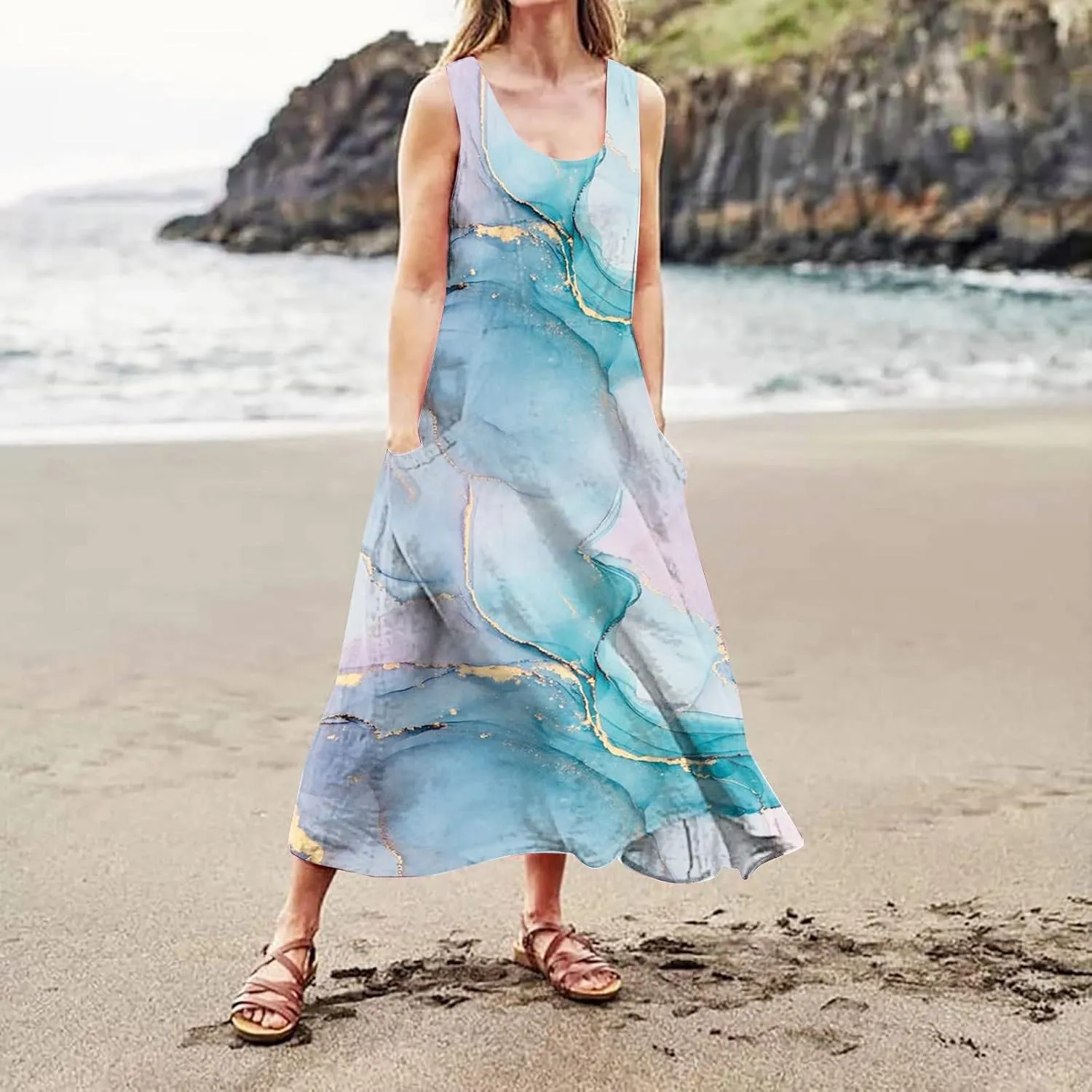 Linen Dress for Women 2024 Summer Printed Sleeveless Maxi Dress Casual Tank Dress Flowy Long Dresses with Pockets