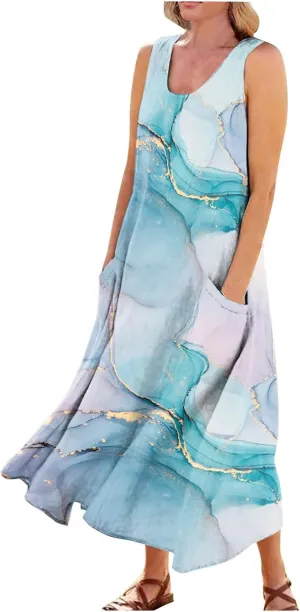 Linen Dress for Women 2024 Summer Printed Sleeveless Maxi Dress Casual Tank Dress Flowy Long Dresses with Pockets