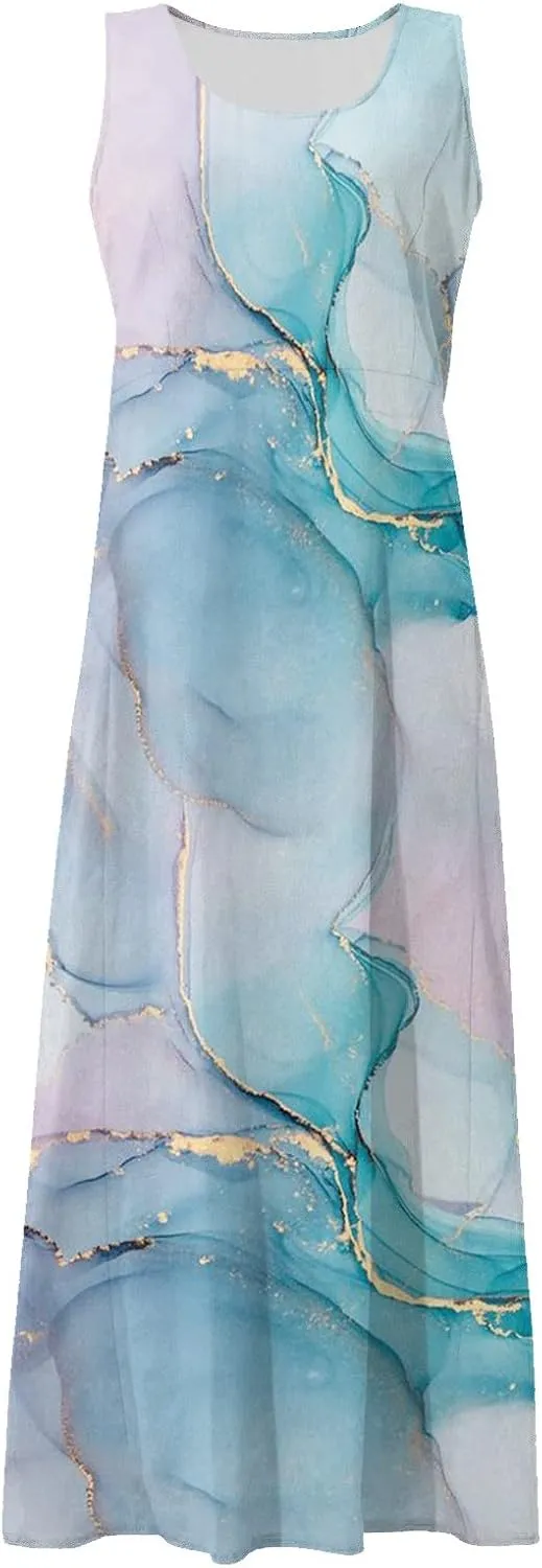 Linen Dress for Women 2024 Summer Printed Sleeveless Maxi Dress Casual Tank Dress Flowy Long Dresses with Pockets
