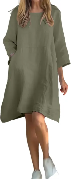 Linen Dress Women 2025 3/4 Sleeve Crewneck Dresses Casual Plus Size Midi Dresses Loose Summer Dress with Pockets