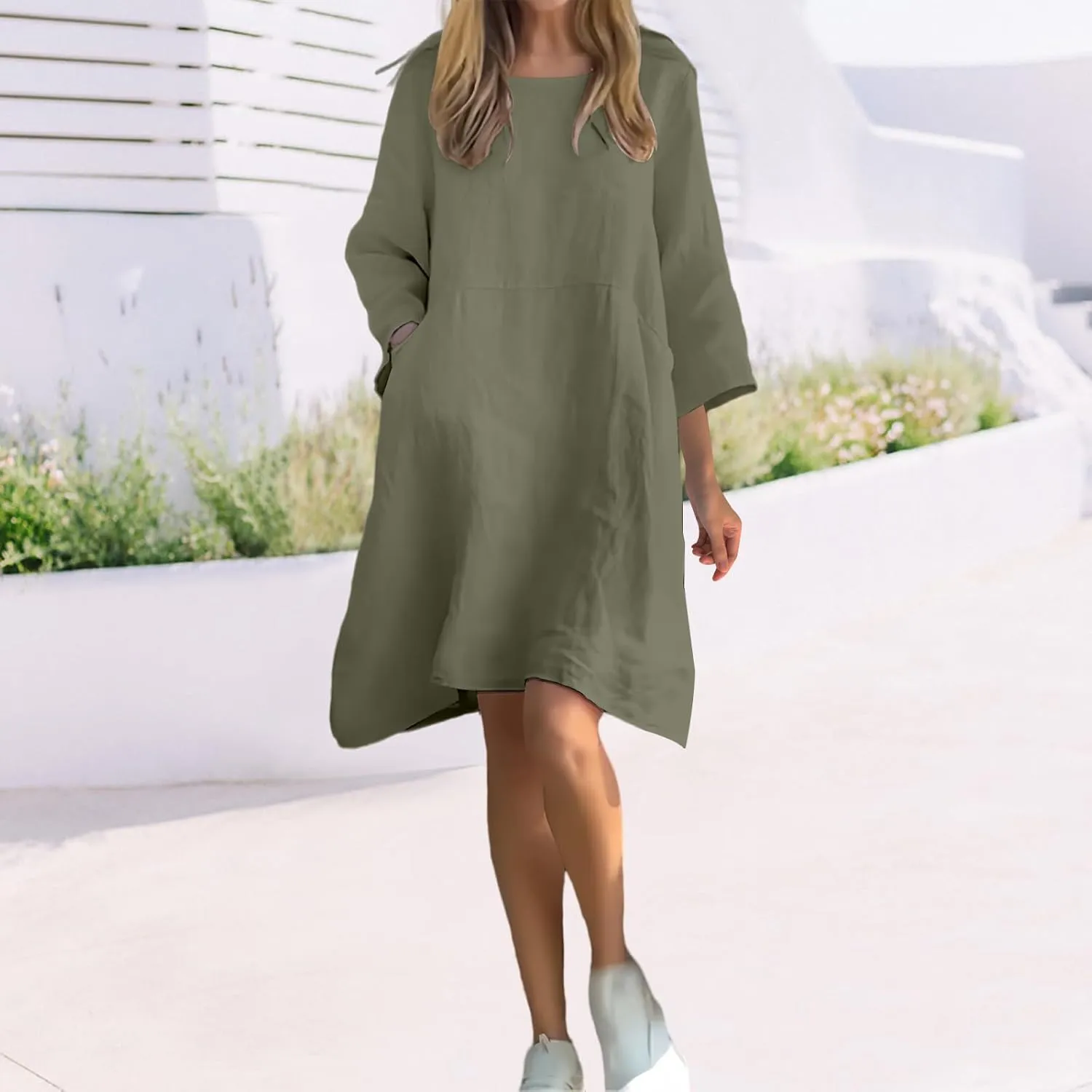 Linen Dress Women 2025 3/4 Sleeve Crewneck Dresses Casual Plus Size Midi Dresses Loose Summer Dress with Pockets