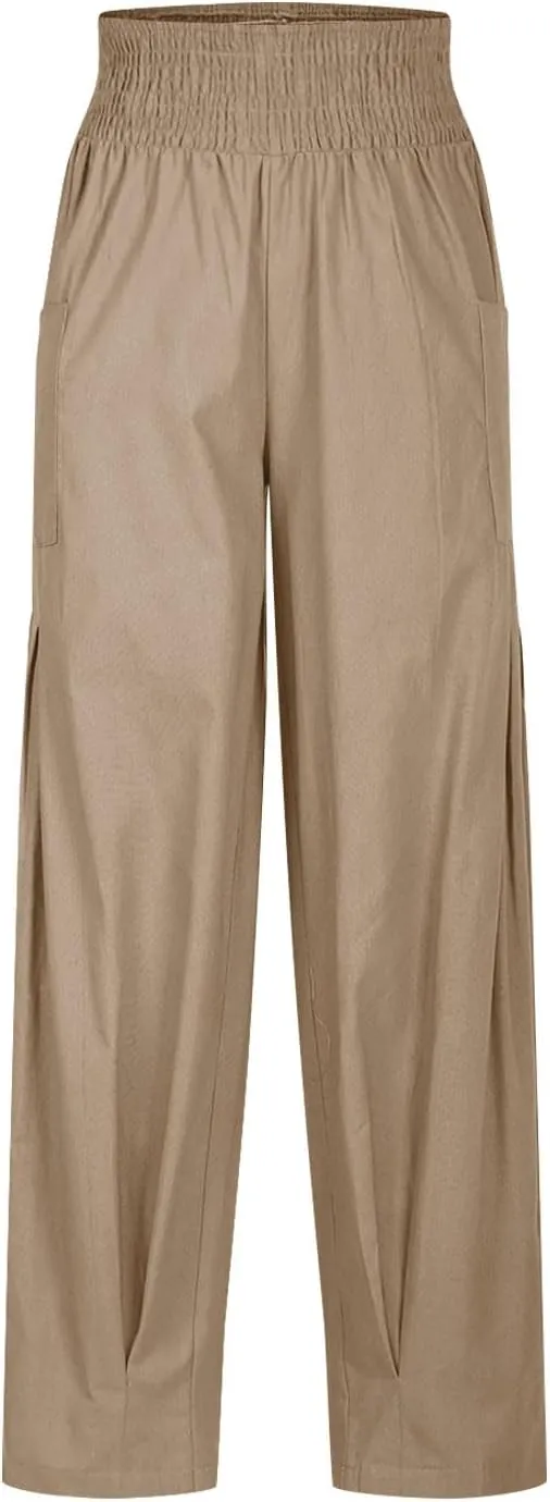 Linen Harem Pants Women with Pockets Boho Summer Casual Loose High Waist Cargo Lounge Beach Travel Vacation Outfits