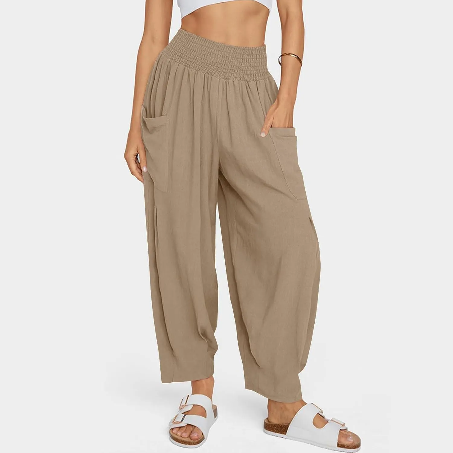 Linen Harem Pants Women with Pockets Boho Summer Casual Loose High Waist Cargo Lounge Beach Travel Vacation Outfits
