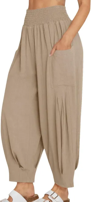 Linen Harem Pants Women with Pockets Boho Summer Casual Loose High Waist Cargo Lounge Beach Travel Vacation Outfits