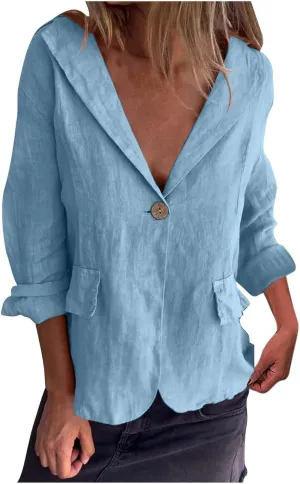 Linen Jackets for Women One Button Long Sleeve Blazers Lightweight Casual Jackets Oversized Blazers Work Outwear
