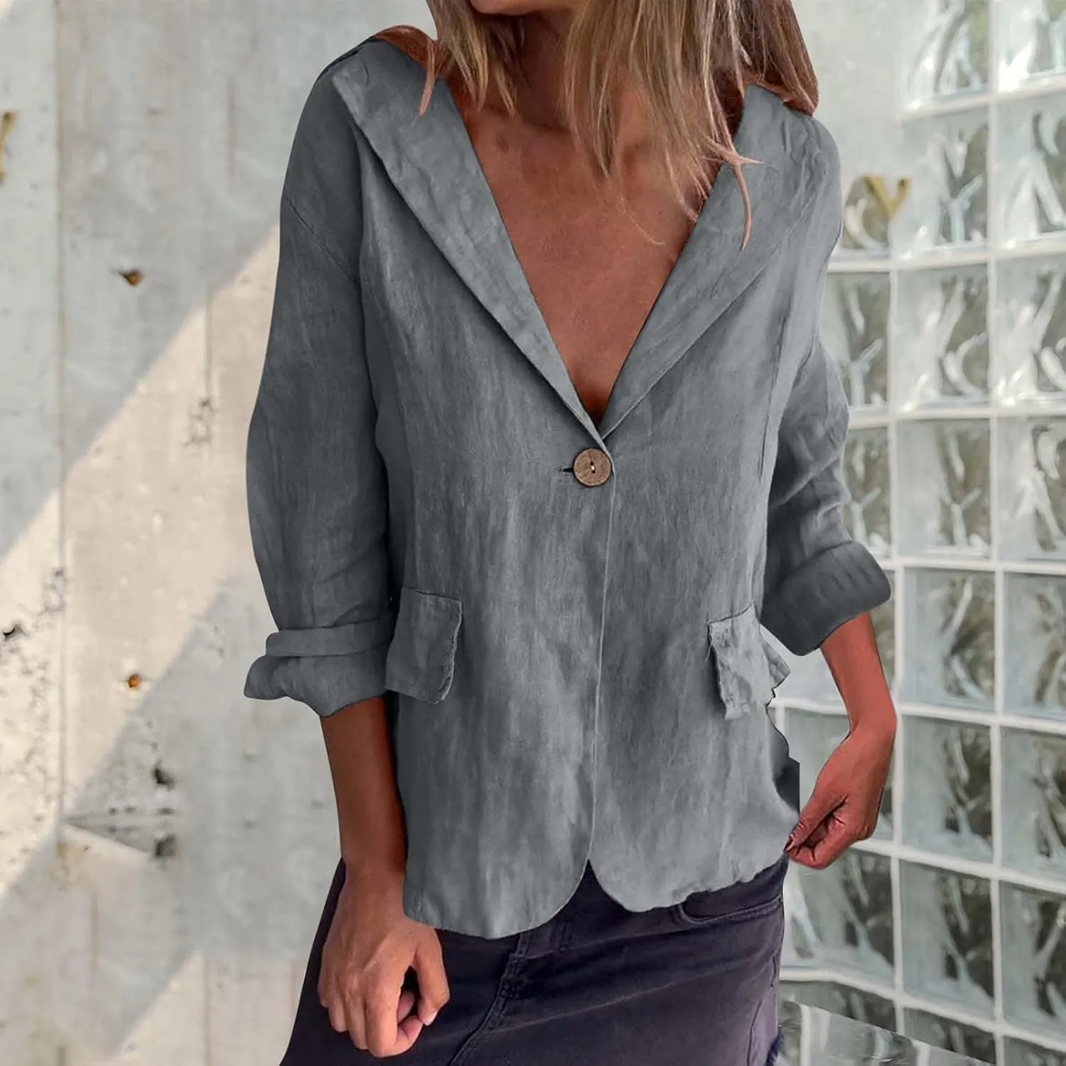 Linen Jackets for Women One Button Long Sleeve Blazers Lightweight Casual Jackets Oversized Blazers Work Outwear