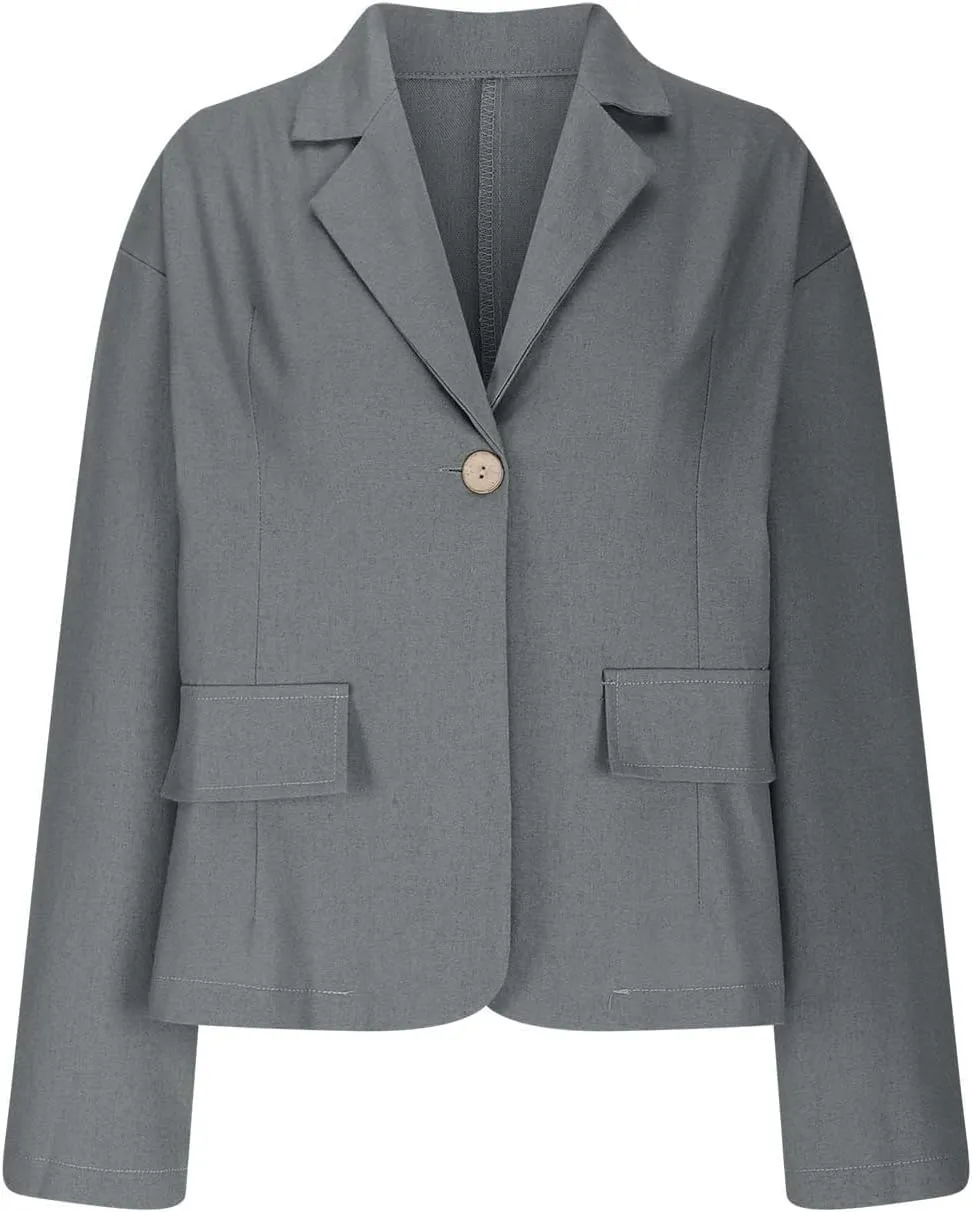 Linen Jackets for Women One Button Long Sleeve Blazers Lightweight Casual Jackets Oversized Blazers Work Outwear