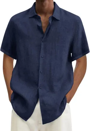 Linen Shirts for Men Button Down Beach Tshirt Vacation Summer Tops Short Sleeve Casual Beach Cotton Basic Blouses