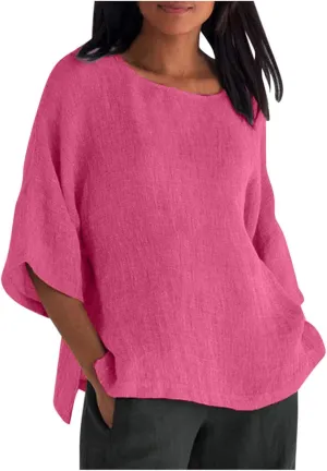 Linen Shirts for Women 3/4 Sleeve Crewneck Oversized T Shirts Loose Casual Blouses Lightweight Trendy Summer Tops