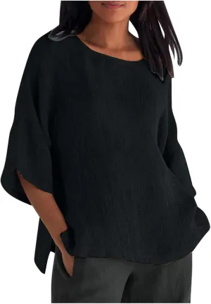 Linen Shirts for Women 3/4 Sleeve Crewneck Oversized T Shirts Loose Casual Blouses Lightweight Trendy Summer Tops