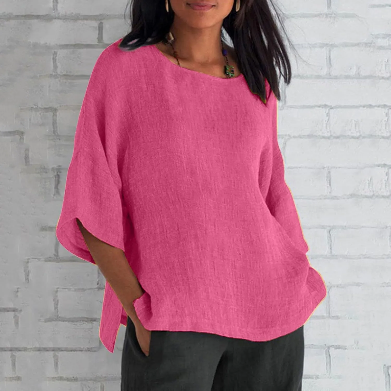 Linen Shirts for Women 3/4 Sleeve Crewneck Oversized T Shirts Loose Casual Blouses Lightweight Trendy Summer Tops